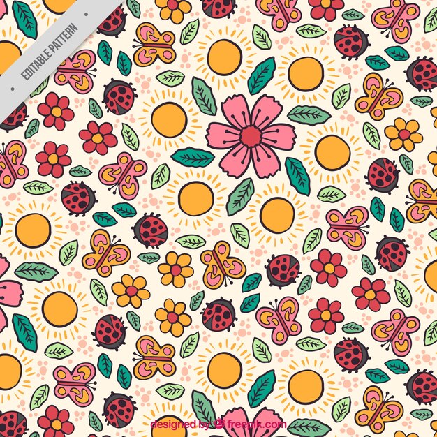 Spring pattern with flowers and insects