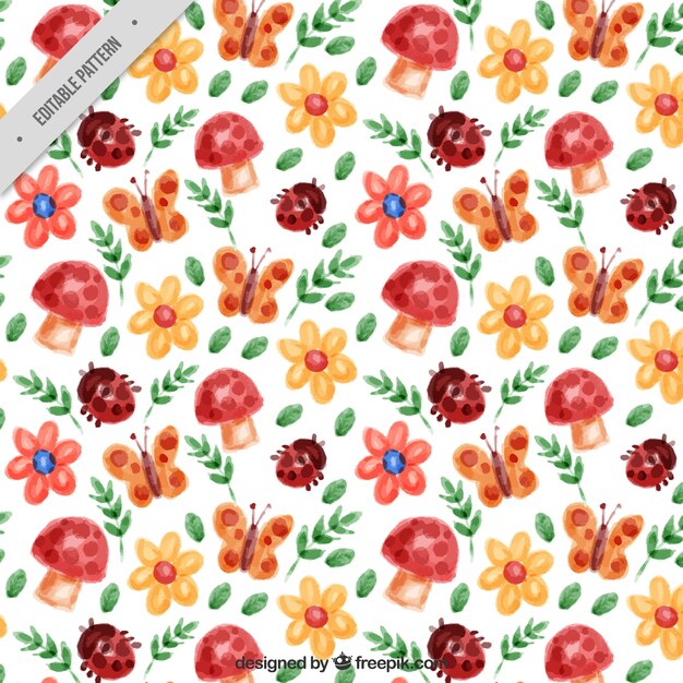 Spring pattern with watercolor flowers and insects