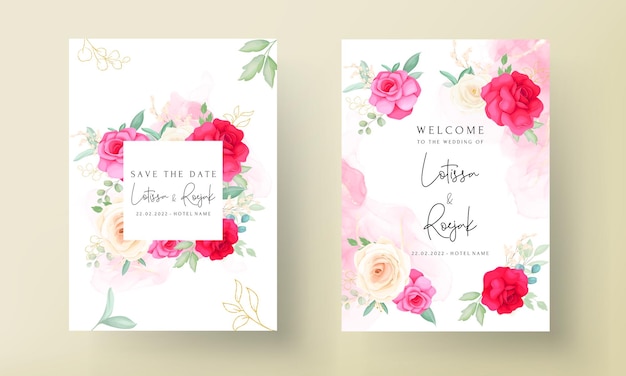 Spring pink rose floral wedding invitation card template