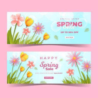 Spring realistic banners with field flowers in daylight