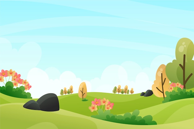 Free vector spring relaxing landscape with trees in sunny day