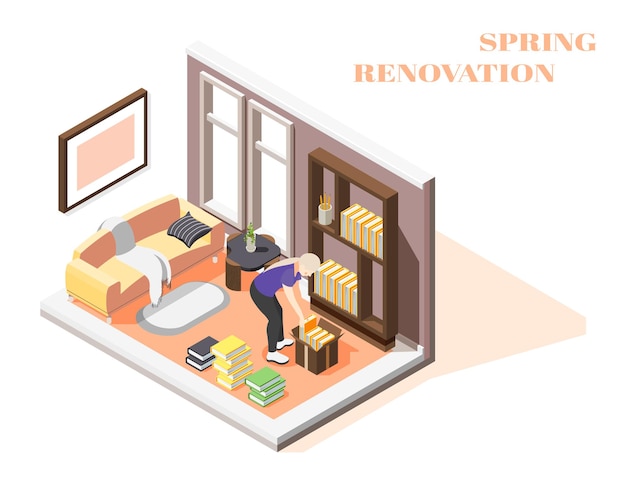 Изометрическая композиция весеннего ремонта с женщиной, выполняющей генеральную уборку своей комнаты