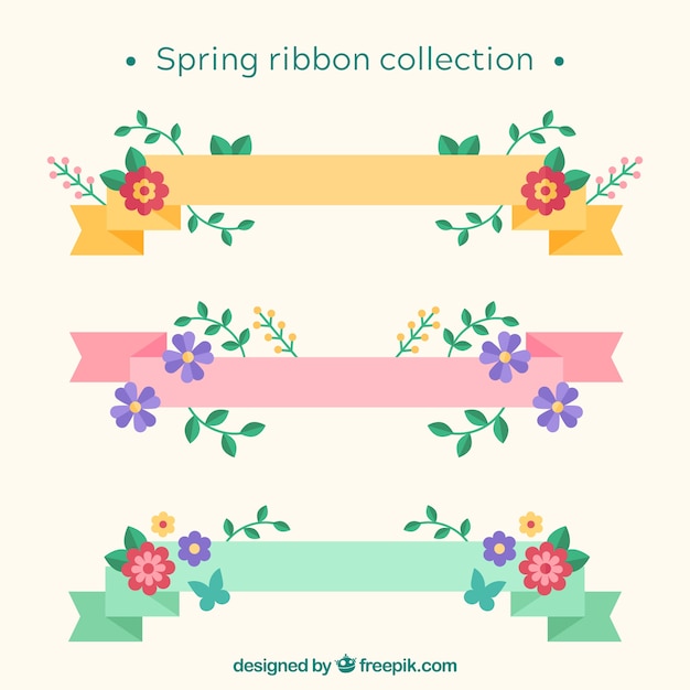 Spring ribbons with flowers collection in flat style