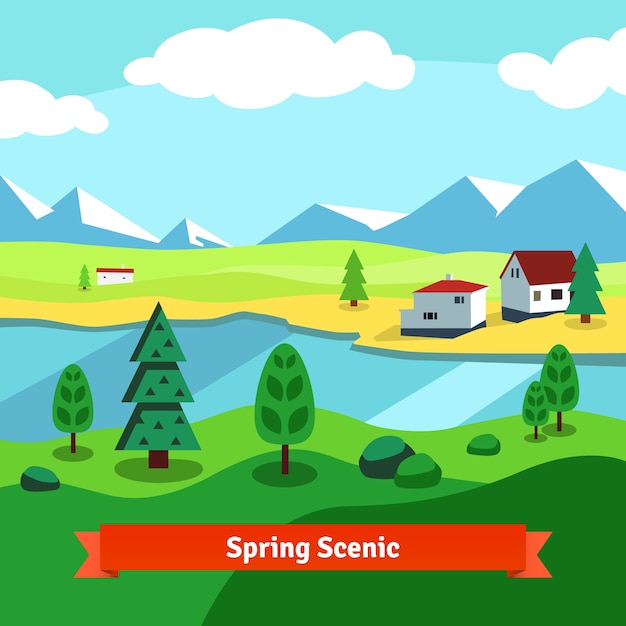 Free vector spring rural farm riverside scenic with mountains