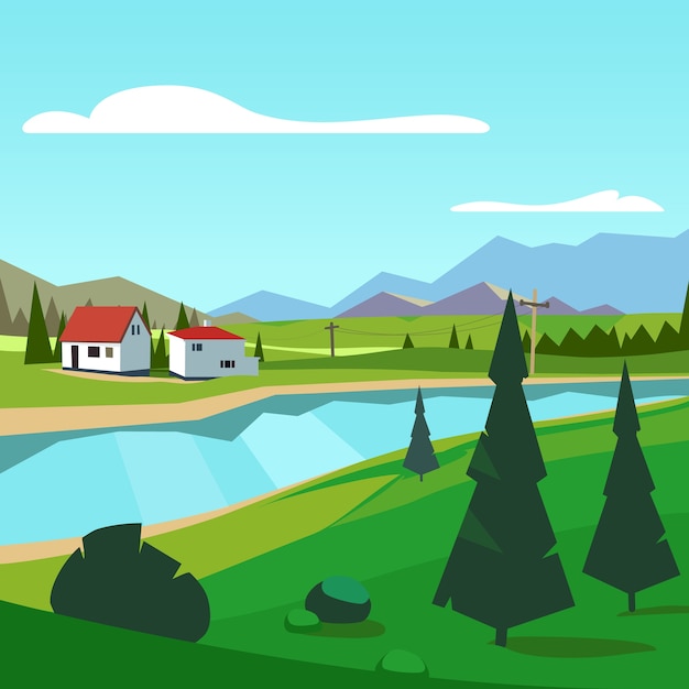 Бесплатное векторное изображение Весенняя сельская ферма, живописная с горами