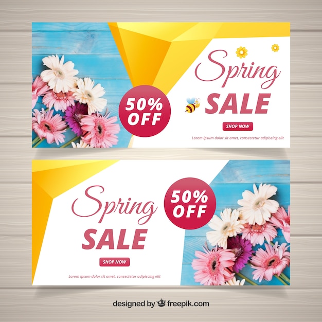 Spring sale banners with abstract shapes