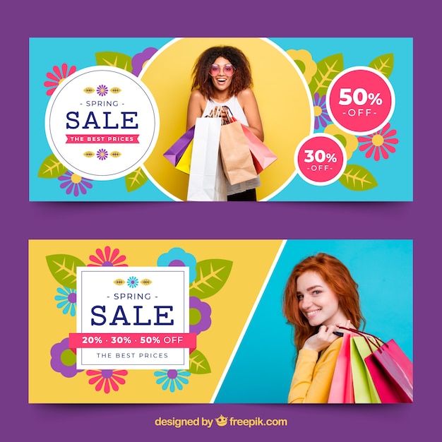 Spring sale banners with photo of woman