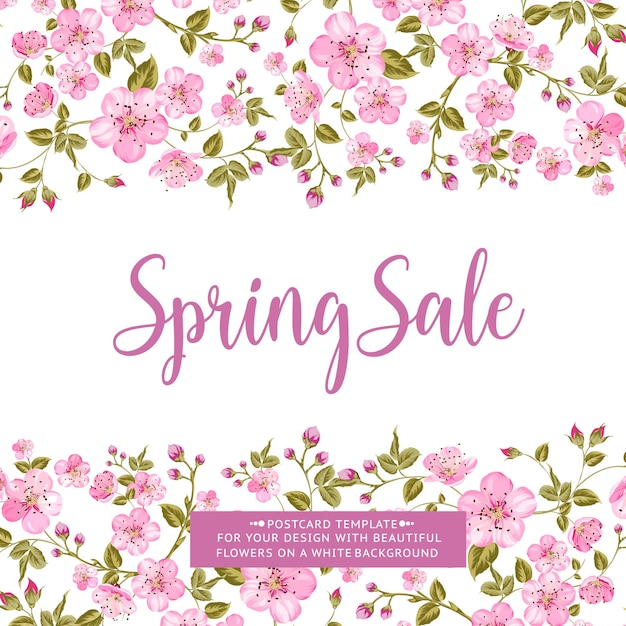 Spring sale card with text best offer. Blooming sakura rectangle frame around text over white background. Vector illustration.