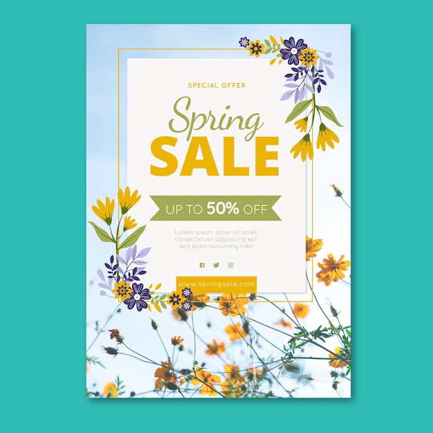 Spring sale flyer template with colorful flowers