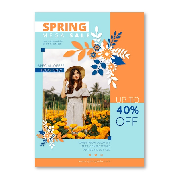 Spring sale flyer template with woman surrounded by flowers