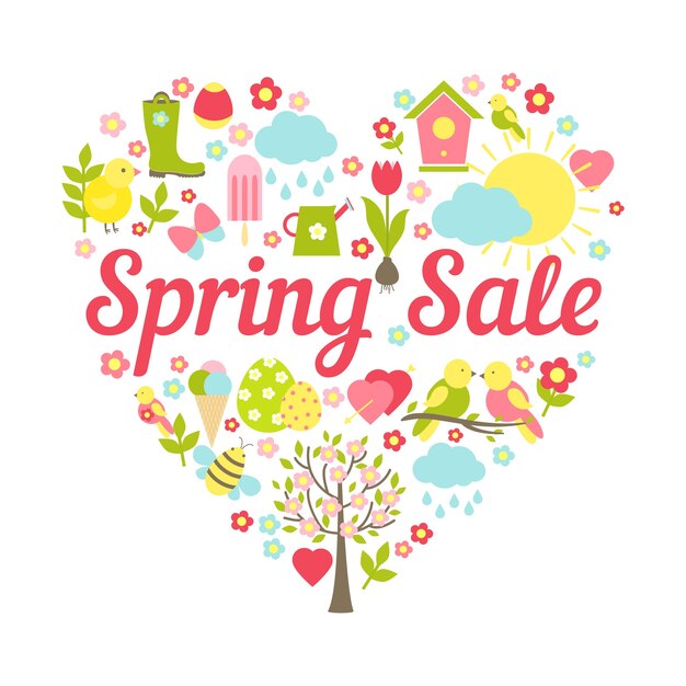 spring sale header in heart shape decoration vector illustration