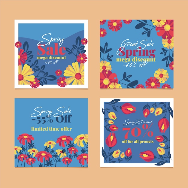 Free vector spring sale instagram post collection with multicolored flowers