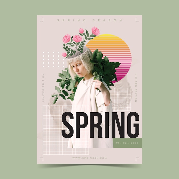 무료 벡터 밝은 녹색 배경에 봄 판매 포스터 템플릿