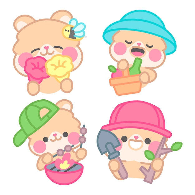 Free vector spring stickers collection with kimchi the hamster