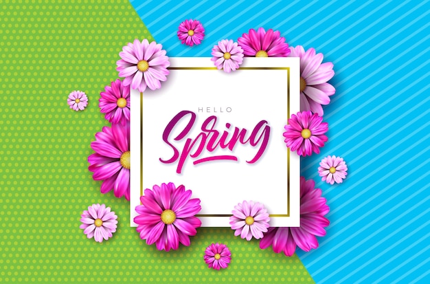 Spring Text. Floral Design Template With Typography Letter