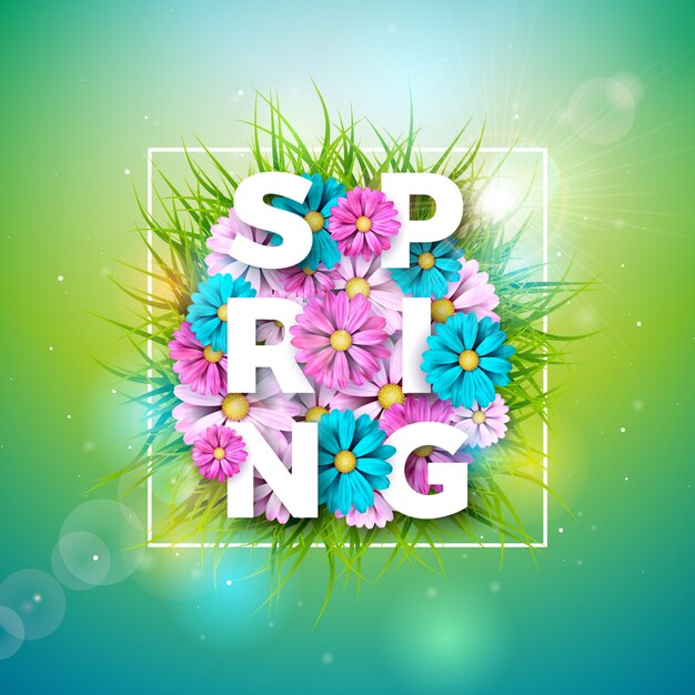 Spring text. floral design template with typography letter