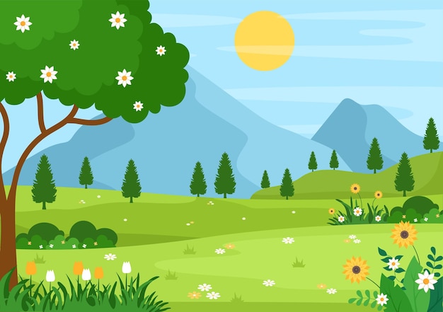 Spring time landscape background with flowers season, rainbow and plant for promotions, magazines, advertising or websites. nature vector illustration