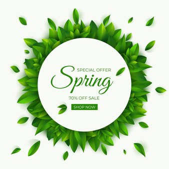 Spring vector sale round banner with leaves seasonal background frame with green spring leaves