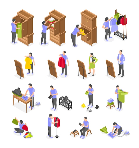 Spring wardrobe isometric icons set with people putting away winter clothes choosing new outfits in front of mirror isolated vector illustration