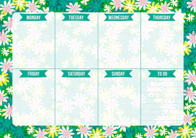Spring weekly planner with flower green background modern template for notes vector illustration