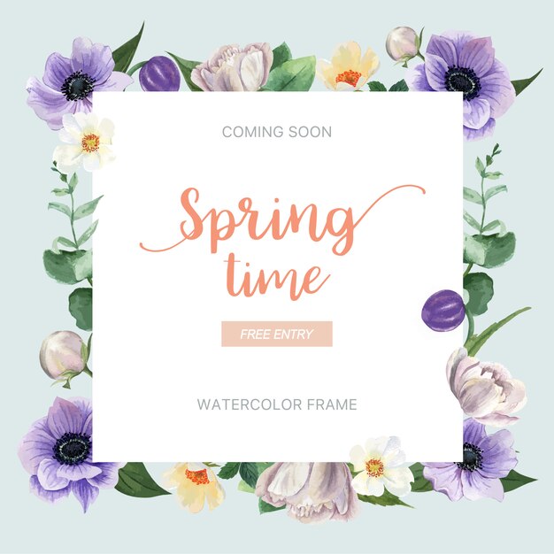 Spring wreath frame fresh flowers, decor card with floral colorful garden, wedding, invitation