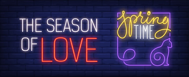 Free vector springtime is season of love neon sign. purple cat with swirl tail in corner of square.