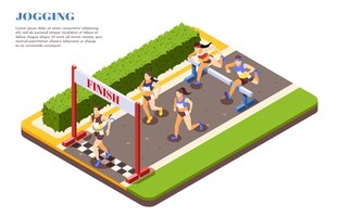 フィニッシュラインを横切る障害物を飛び越えるスプリントハードルレースランナーアイソメトリックコンポジションスポーツジョギングプロモーション