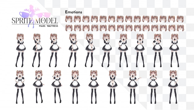 ゲームのビジュアルノベル用の完全長のスプライトキャラクター アニメ漫画の女の子 和風の漫画のキャラクター メイドカフェのコスチューム 感情のセット プレミアムベクター