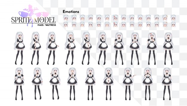 ゲームのビジュアルノベル用の完全長のスプライトキャラクター アニメ漫画の女の子 和風の漫画のキャラクター メイドカフェのコスチューム 感情のセット プレミアムベクター