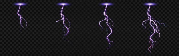 Спрайт-лист с молниями, набором ударов молнии для fx-анимации. реалистичный набор фиолетового электрического удара ночью, искрящийся разряд грозы, изолированные на прозрачном фоне