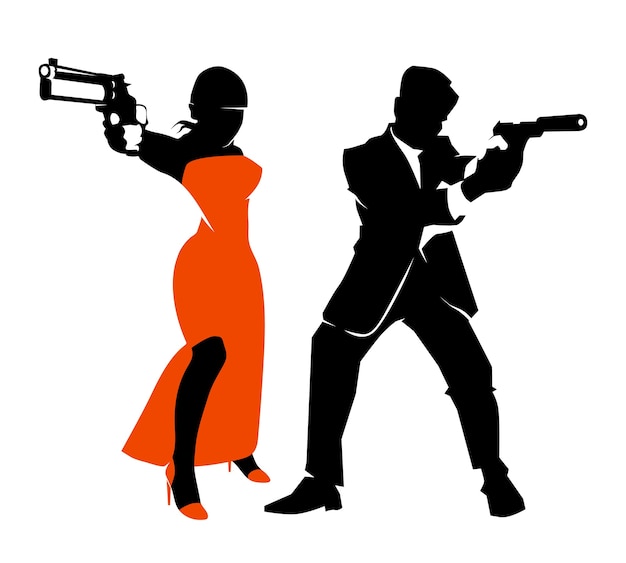 Spy couple vector set. Detective man and woman, weapon and handgun illustration