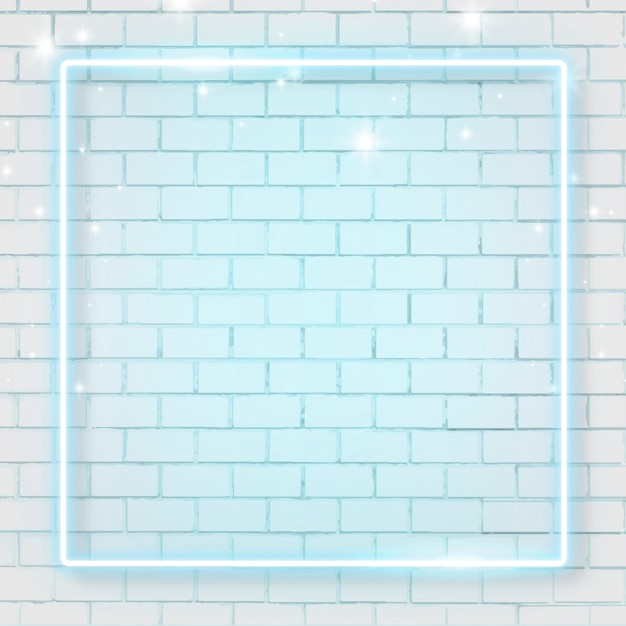 Cornice quadrata al neon blu sullo sfondo del muro di mattoni