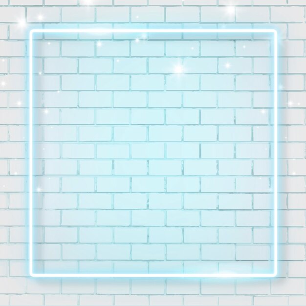 Square blue neon frame on brick wall background