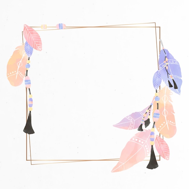 Square Boho style frame with feathers