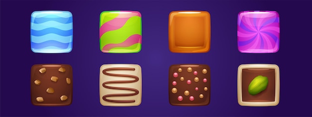 Free vector square buttons with texture of chocolate candies