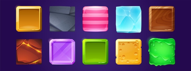 Uiゲームデザイン用の木製、石、金、氷のテクスチャの正方形のボタン。チーズ、紫色の結晶、縞模様のキャンディー、溶岩、緑のスライムから光沢のあるラベルのベクトル漫画セット