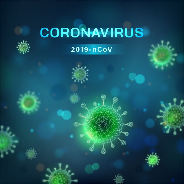 正方形のコロナウイルスの背景。顕微鏡ビューでのウイルス細胞