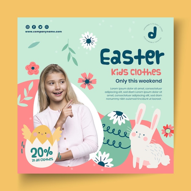 Free vector square flyer template for easter sale with girl and bunny