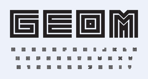 Квадратный геометрический алфавит, жирные контуры, квадратные буквы и цифры, набор линий дороги и лабиринта