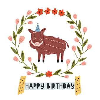 프레임에 사각형 생일 엽서 멧돼지입니다. 숲 동물 보육원 boho는 카드를 기념합니다. 낙서 꽃 식물 프레임 벡터 순진한 예술 그림에서 손으로 그린 테두리