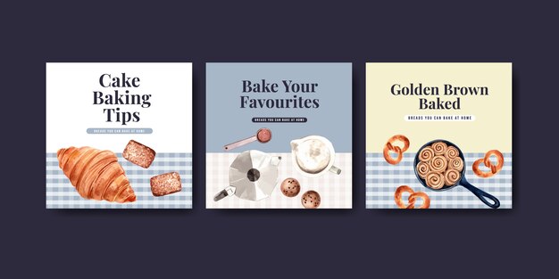 Square instagram post template with bakery design and watercolor illustration