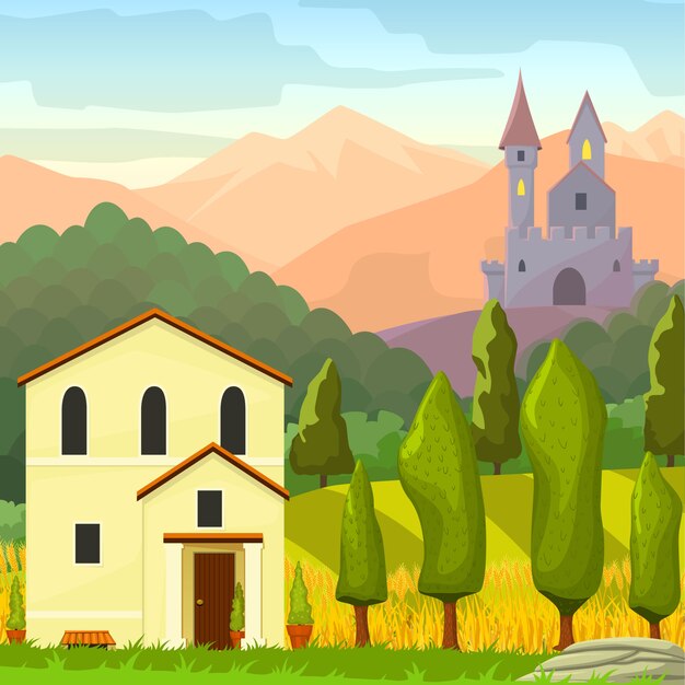 Square medieval landscape vector cartoon illustration