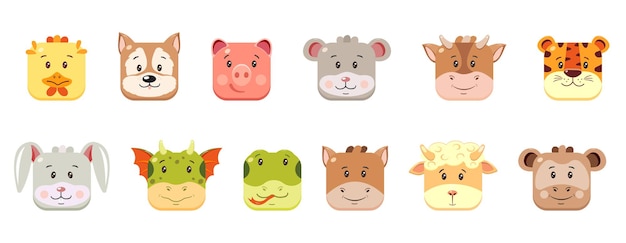 Square muzzles of animals from the chinese horoscope in cartoon style.