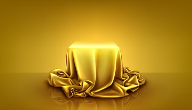 Free vector square podium and gold silk cloth cover background golden curtain fabric on hidden mystery cube gift box luxury unveil surprise yellow pedestal with drapery textile in studio vector scene concept