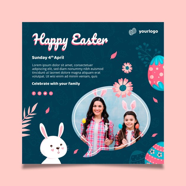 Square poster template for easter with bunny and family