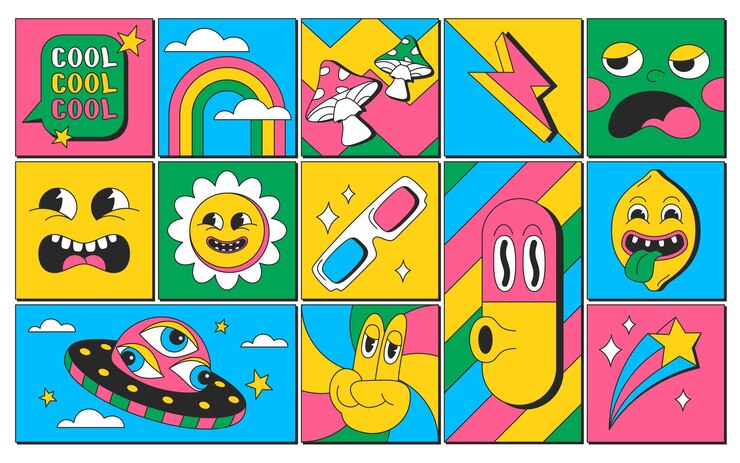 무료 Vector 트렌디한 캐릭터와 복고풍 초현실적인 요소가 포함된 사각형 스티커 환각 만화 멋진 만화 얼굴과 현대적인 디자인의 히피 기호 세트 꽃 ufo 무지개의 벡터 그림