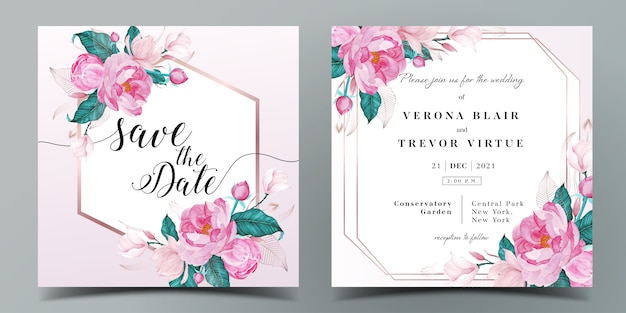 Квадратный шаблон свадебного приглашения в розовой цветовой гамме, украшенный цветами в стиле акварели
