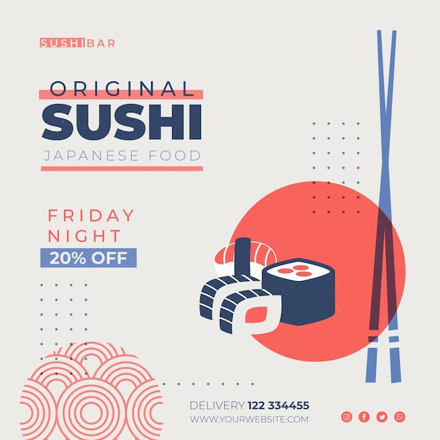 Бесплатное векторное изображение Шаблон флаера в квадрате для суши-ресторана