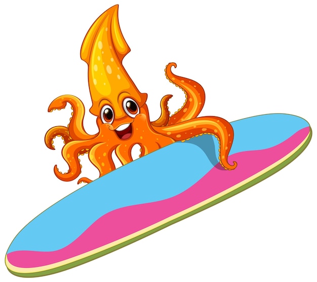 Free vector squid holding a surfboard on white background