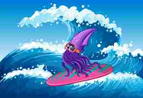 Free vector a squid on surfboard in the ocean